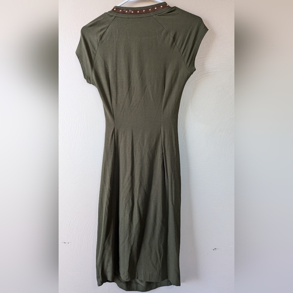 CARMEN MARC VALVO Dress, Faux Wrap, Olive Green, Brown Harness Trim, Size S - Picture 6 of 6